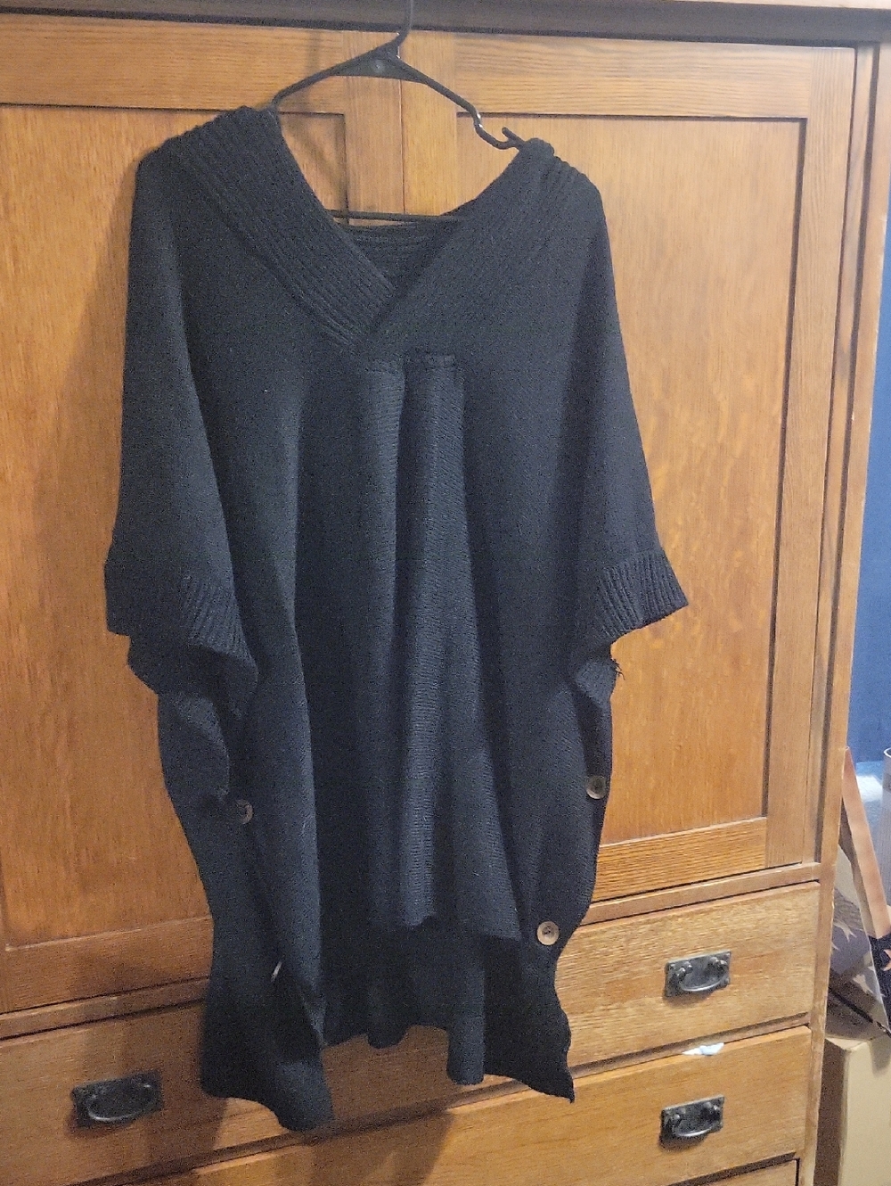 Button-Side Black Knit V-Neck Poncho Sweater